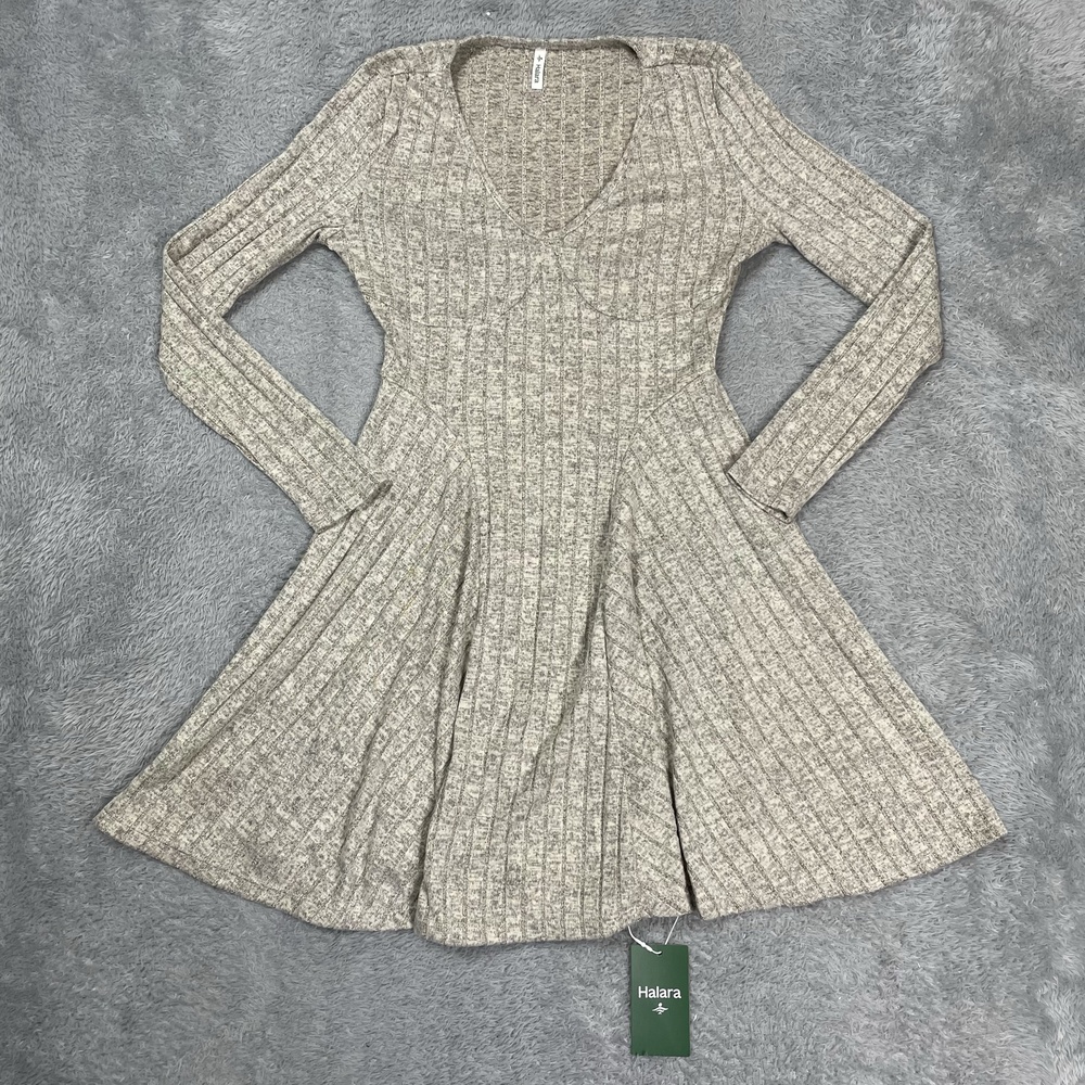 Halara Fit & Flare Sweater Dress Womens S Gray Ribbed Knit V Neck Long Sleeve